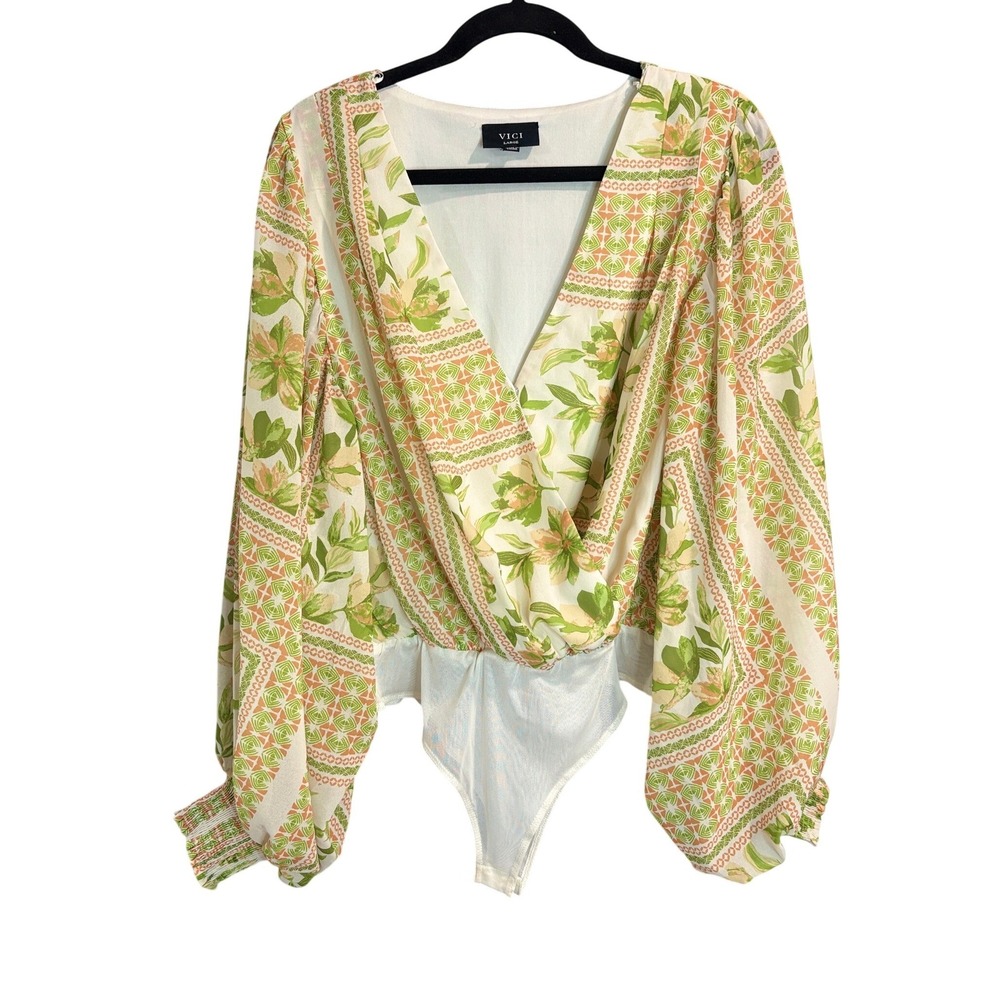 VICI Floral Surplice Bodysuit Large Green Peach Balloon Sleeve Boho Wrap Top